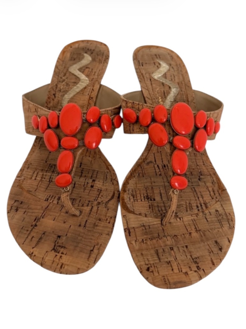 Nina Coral Cabochon Stone Cork Kitten Heel Thong Sandals 90s Y2K 7.5
